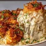 Creamy and cheesy French Onion Chicken Rice Bake topped with crispy fried onions and garnished with parsley, showing melted cheese stretching from a golden scoop.