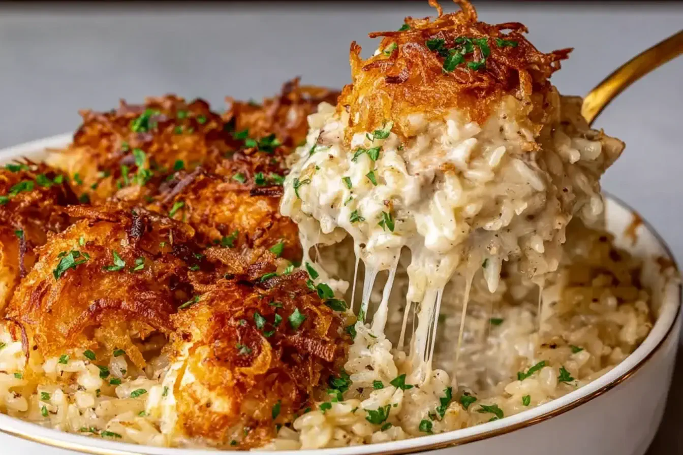 Creamy and cheesy French Onion Chicken Rice Bake topped with crispy fried onions and garnished with parsley, showing melted cheese stretching from a golden scoop.