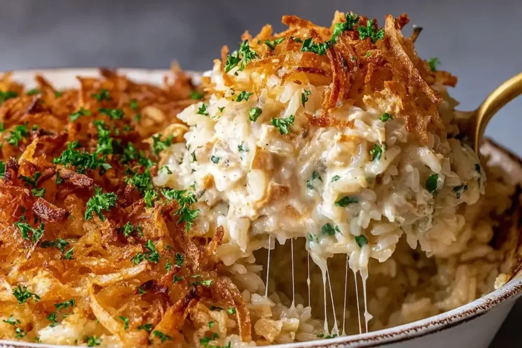 Golden and creamy French Onion Chicken Rice Bake with melted cheese, tender rice, and crispy fried onions, topped with fresh parsley for a comforting finish.
