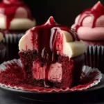 Halloween Vampire Bite Cupcakes with red “bloody” jam filling and creamy frosting, perfect spooky dessert for Halloween parties.