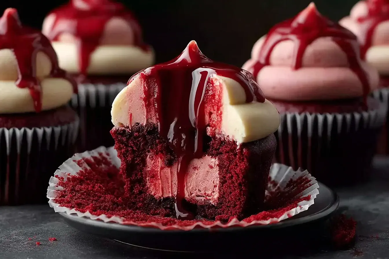 Halloween Vampire Bite Cupcakes with red “bloody” jam filling and creamy frosting, perfect spooky dessert for Halloween parties.