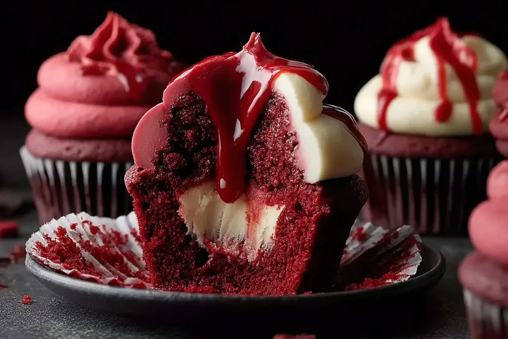 Close-up of Halloween Vampire Bite Cupcakes with creamy frosting and dripping red “blood” filling, a spooky Halloween dessert idea.