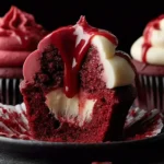 Close-up of Halloween Vampire Bite Cupcakes with creamy frosting and dripping red “blood” filling, a spooky Halloween dessert idea.