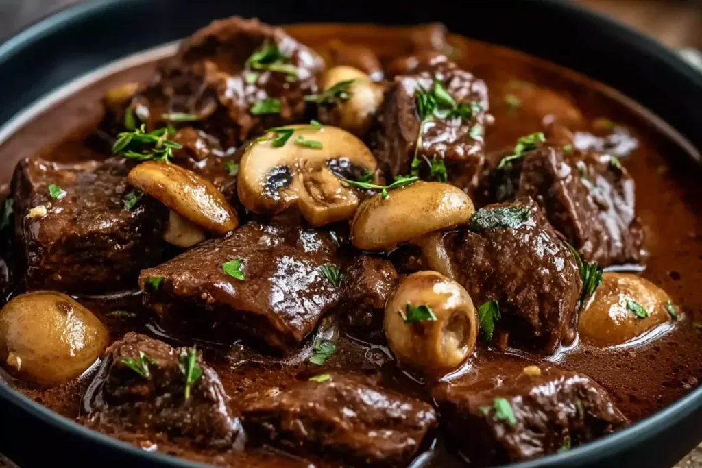 Slow Cooker Beef and Mushroom Stew with juicy beef chunks and mushrooms simmered in a rich, flavorful gravy.