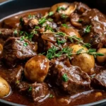 Slow Cooker Beef and Mushroom Stew with tender beef chunks, mushrooms, and fresh herbs simmered in rich savory gravy.