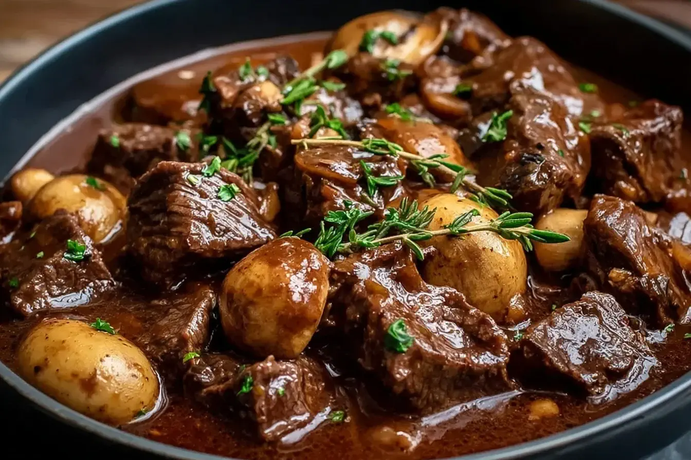 Slow Cooker Beef and Mushroom Stew with tender beef chunks, mushrooms, and fresh herbs simmered in rich savory gravy.
