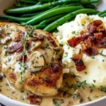 Creamy Smothered Chicken with bacon gravy, mashed potatoes, and green beans served in a bowl