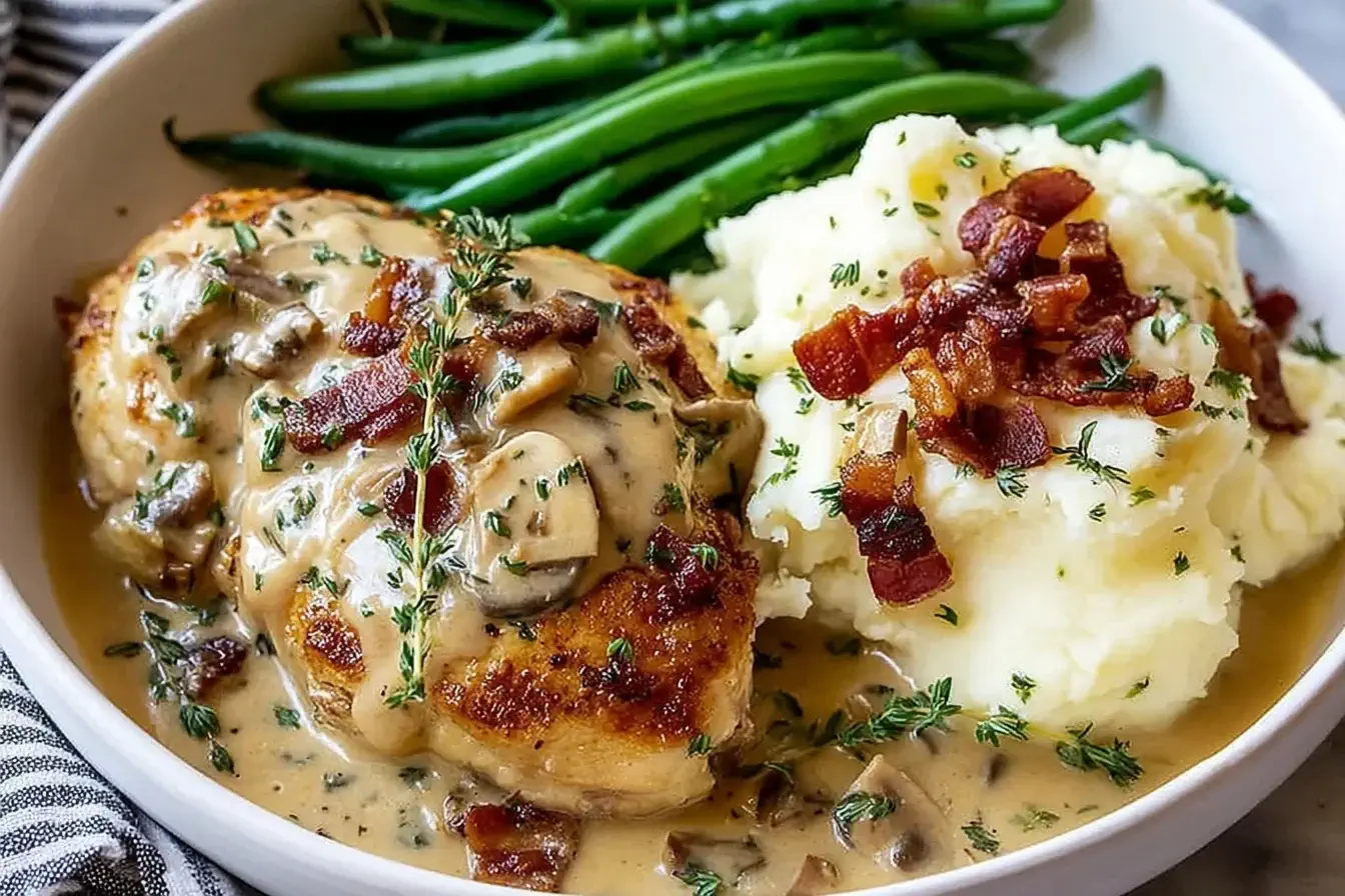 Creamy Smothered Chicken with bacon gravy, mashed potatoes, and green beans served in a bowl