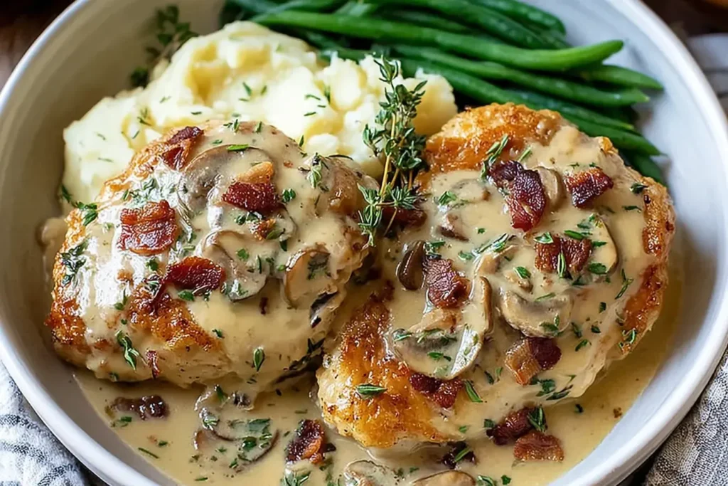 Smothered Chicken with mushrooms and bacon in creamy gravy served with mashed potatoes and green beans