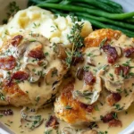 Smothered Chicken with mushrooms and bacon in creamy gravy served with mashed potatoes and green beans