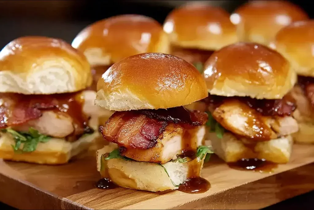 Close-up of Maple Chicken and Beef Bacon Sliders on a wooden board, showcasing tender glazed chicken, crispy beef bacon, and glossy brioche buns.