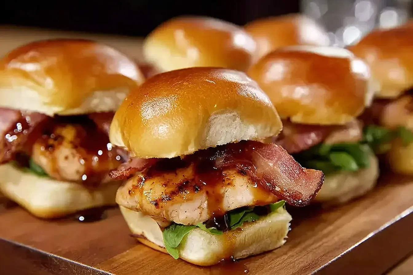 Maple Chicken and Beef Bacon Sliders stacked on a wooden board, glazed with maple syrup and layered with crispy beef bacon and fresh greens.
