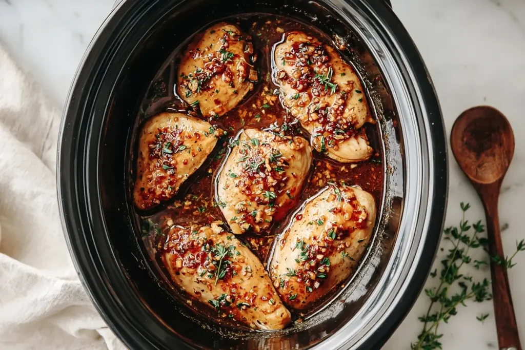 Crockpot Honey Garlic Chicken cooking in a slow cooker with garlic, honey glaze, and fresh herbs