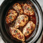 Crockpot Honey Garlic Chicken simmering in a slow cooker with rich honey garlic sauce and fresh herbs