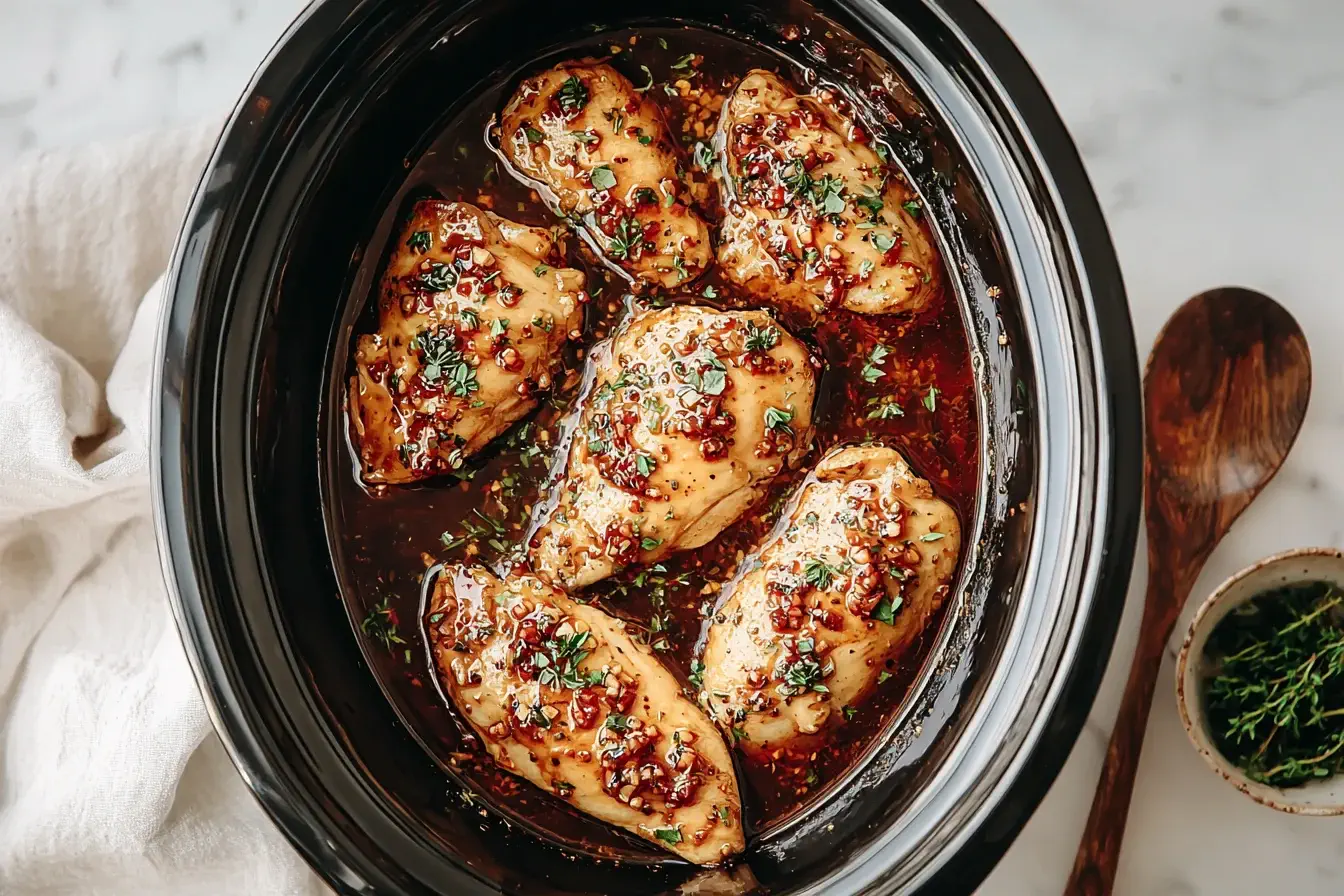 Crockpot Honey Garlic Chicken simmering in a slow cooker with rich honey garlic sauce and fresh herbs