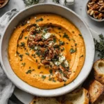 Creamy Pumpkin Whipped Feta Dip topped with walnuts, thyme, and honey drizzle, served with toasted bread slices.