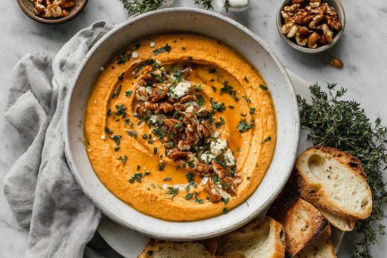 Creamy Pumpkin Whipped Feta Dip topped with walnuts, thyme, and honey drizzle, served with toasted bread slices.