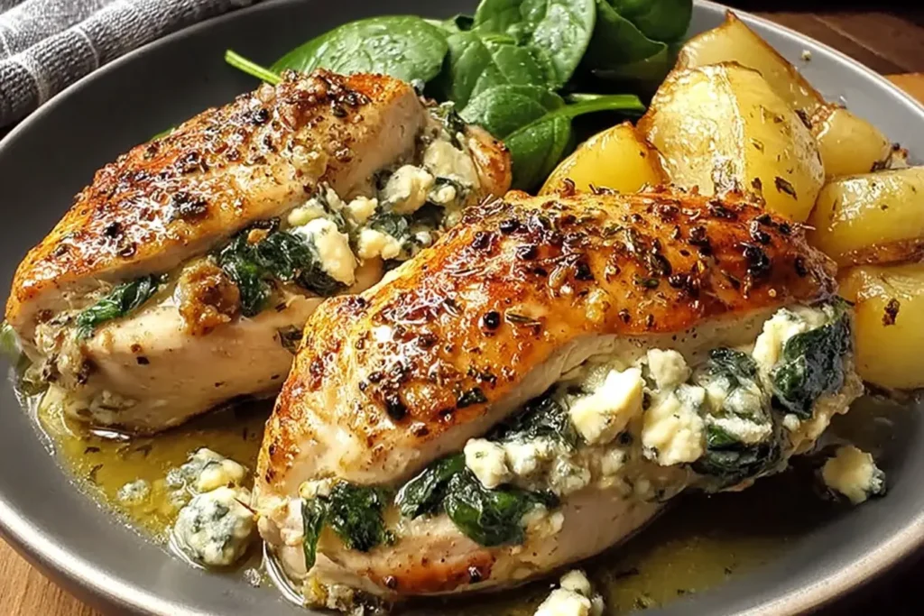 Close-up of Chicken Stuffed with Pears and Gorgonzola served with roasted potatoes and fresh spinach