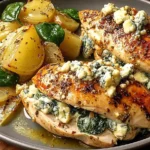 Chicken Stuffed with Pears and Gorgonzola served with golden potatoes and spinach on a gray plate