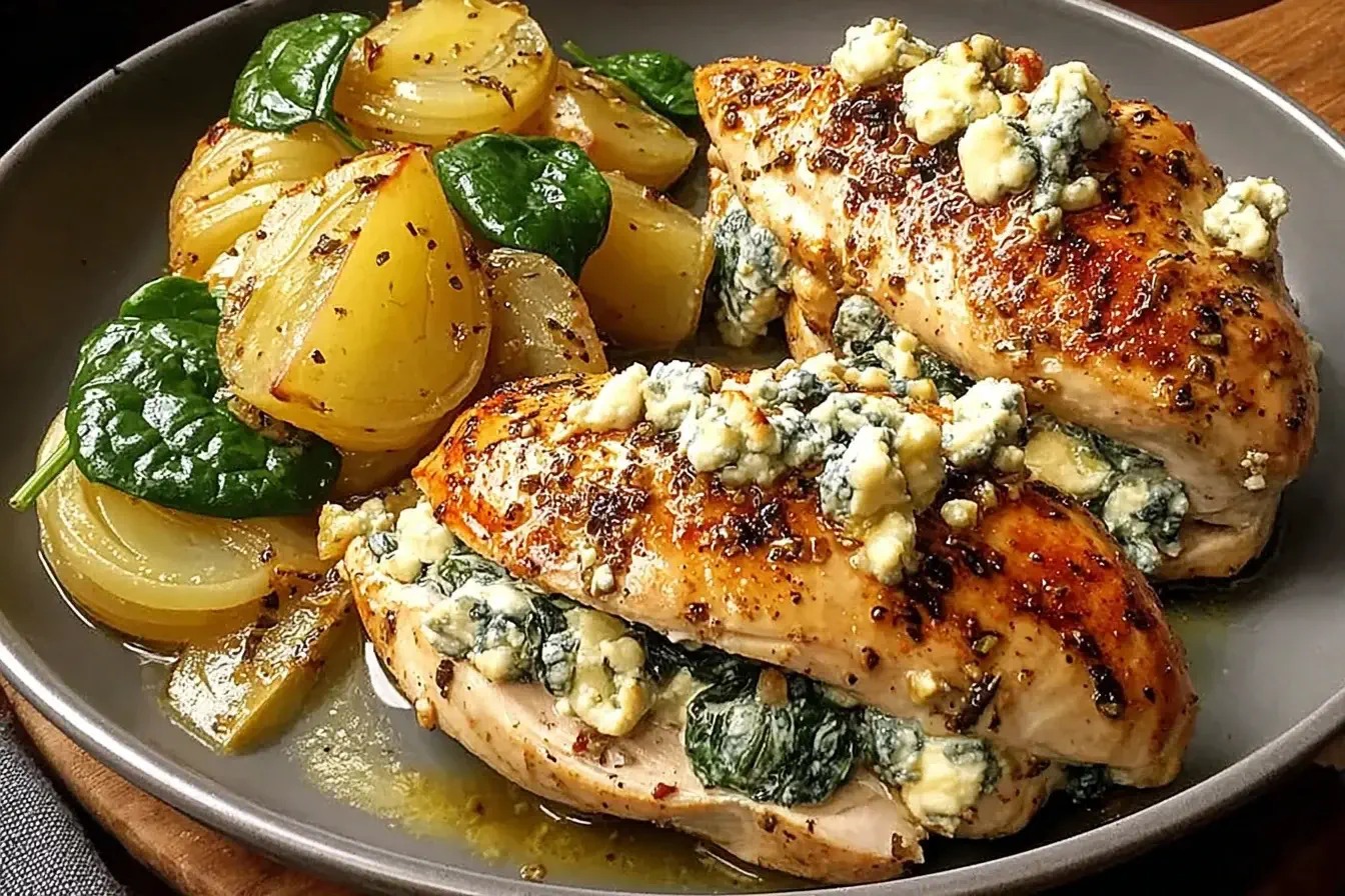 Chicken Stuffed with Pears and Gorgonzola served with golden potatoes and spinach on a gray plate