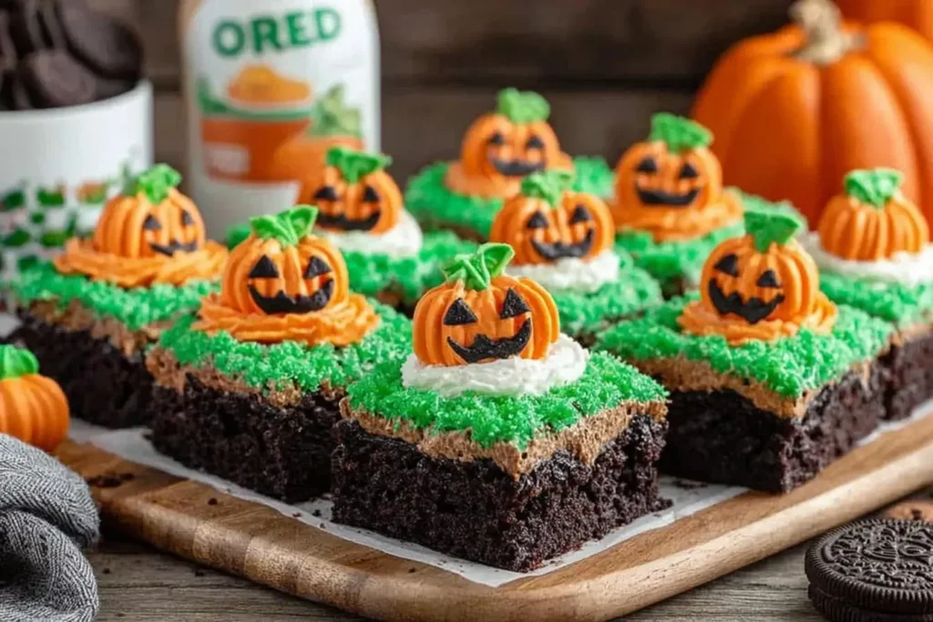 Pumpkin Patch Brownies decorated with candy pumpkins and green frosting grass, creating a festive Halloween dessert scene.