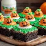 Pumpkin Patch Brownies topped with smiling candy pumpkins and green frosting grass for a fun and festive fall dessert.