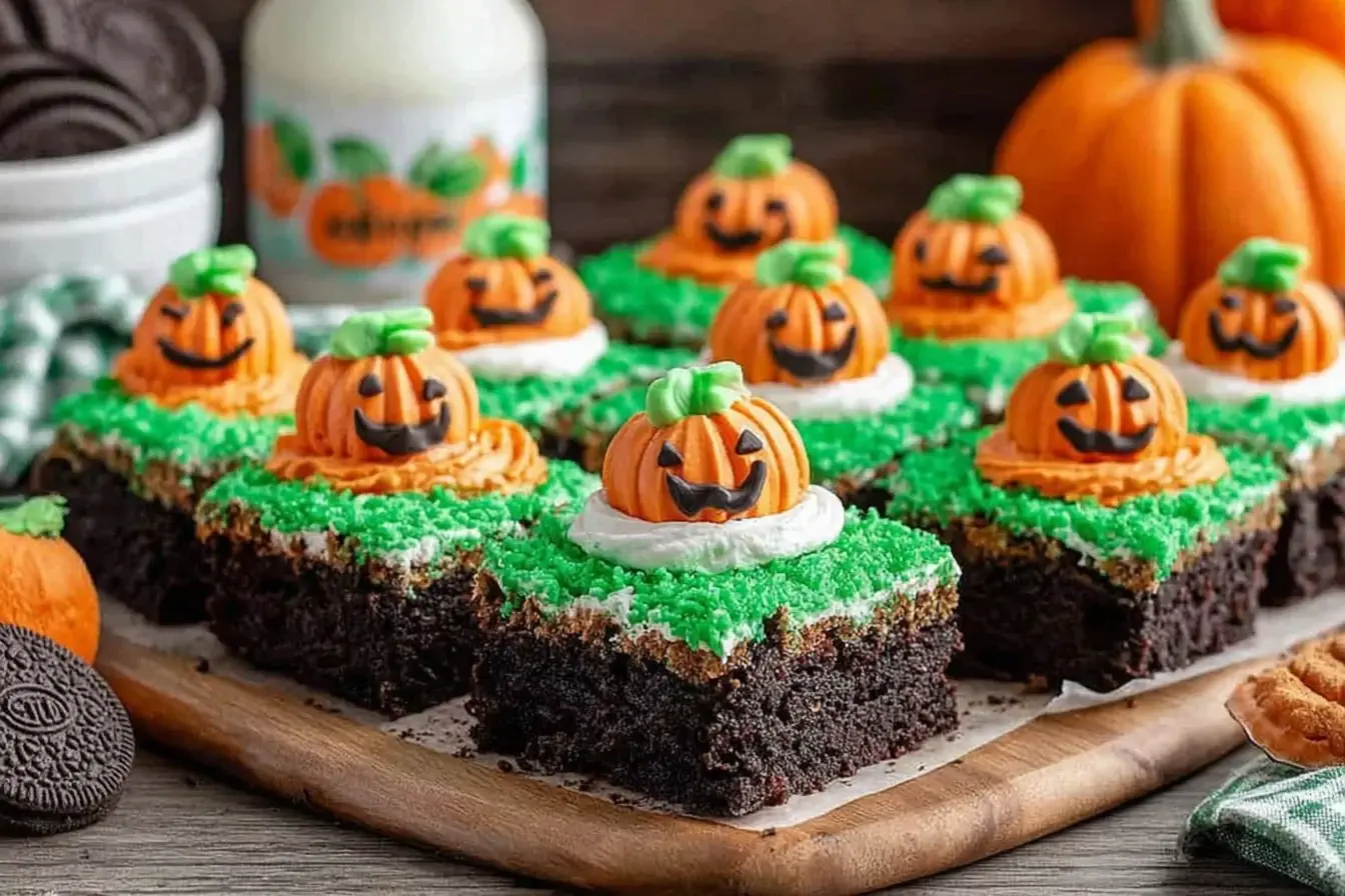 Pumpkin Patch Brownies topped with smiling candy pumpkins and green frosting grass for a fun and festive fall dessert.
