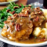 Maple Bourbon Pecan Chicken served with mashed potatoes and greens, topped with a rich maple bourbon sauce and crunchy pecans.