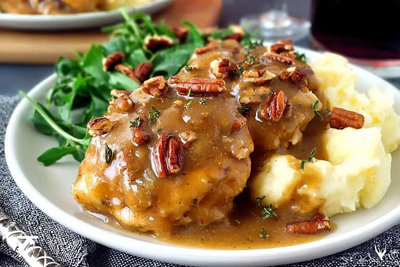 Maple Bourbon Pecan Chicken served with mashed potatoes and greens, topped with a rich maple bourbon sauce and crunchy pecans.
