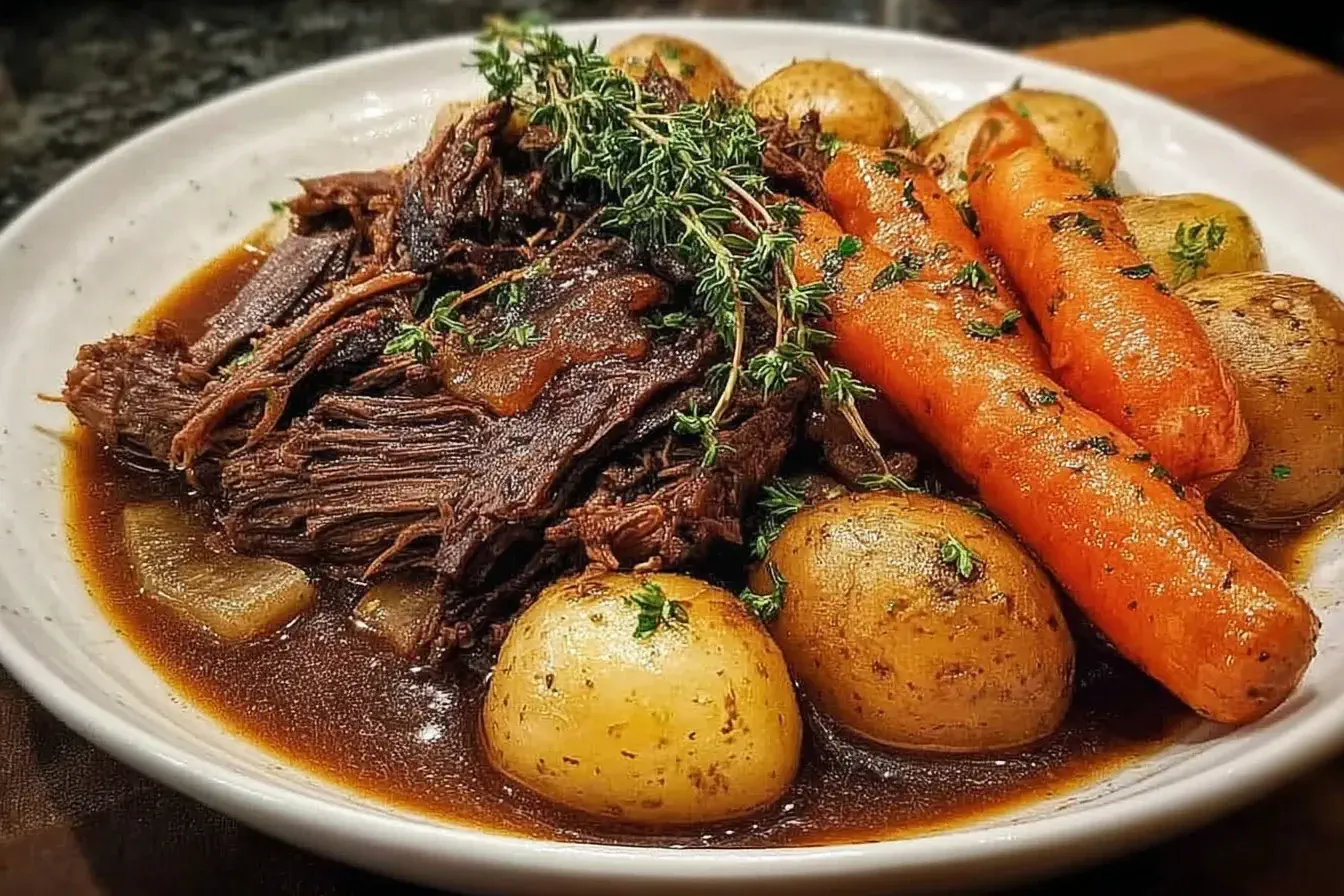 Tender Slow Cooker Pot Roast with carrots, potatoes, and rich gravy served on a white plate — a cozy, comforting homemade meal.
