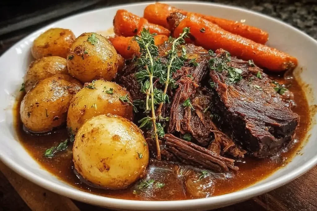 Juicy Slow Cooker Pot Roast with tender beef, baby potatoes, and carrots in rich gravy, garnished with fresh herbs for a cozy family dinner.