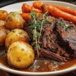 Juicy Slow Cooker Pot Roast with tender beef, baby potatoes, and carrots in rich gravy, garnished with fresh herbs for a cozy family dinner.