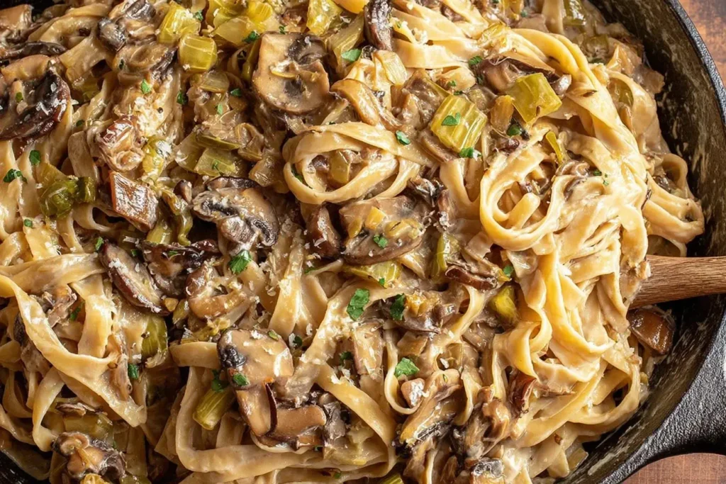 Close-up of creamy Caramelized Leek and Mushroom Gruyere Pasta in a skillet with fettuccine, sautéed mushrooms, and golden leeks.