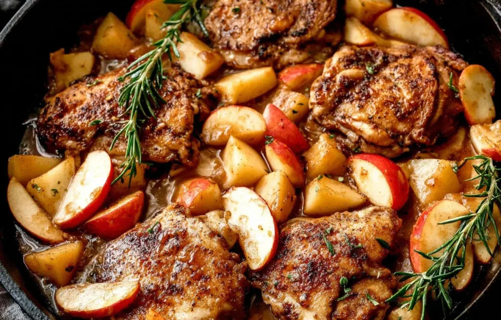Close-up of Apple Cider Chicken with golden-brown chicken thighs, apple slices, and rosemary in a rich cider glaze.