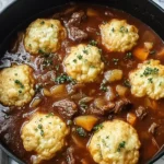 Hearty beef stew and dumplings in a cast iron pot, topped with golden fluffy dumplings and fresh herbs