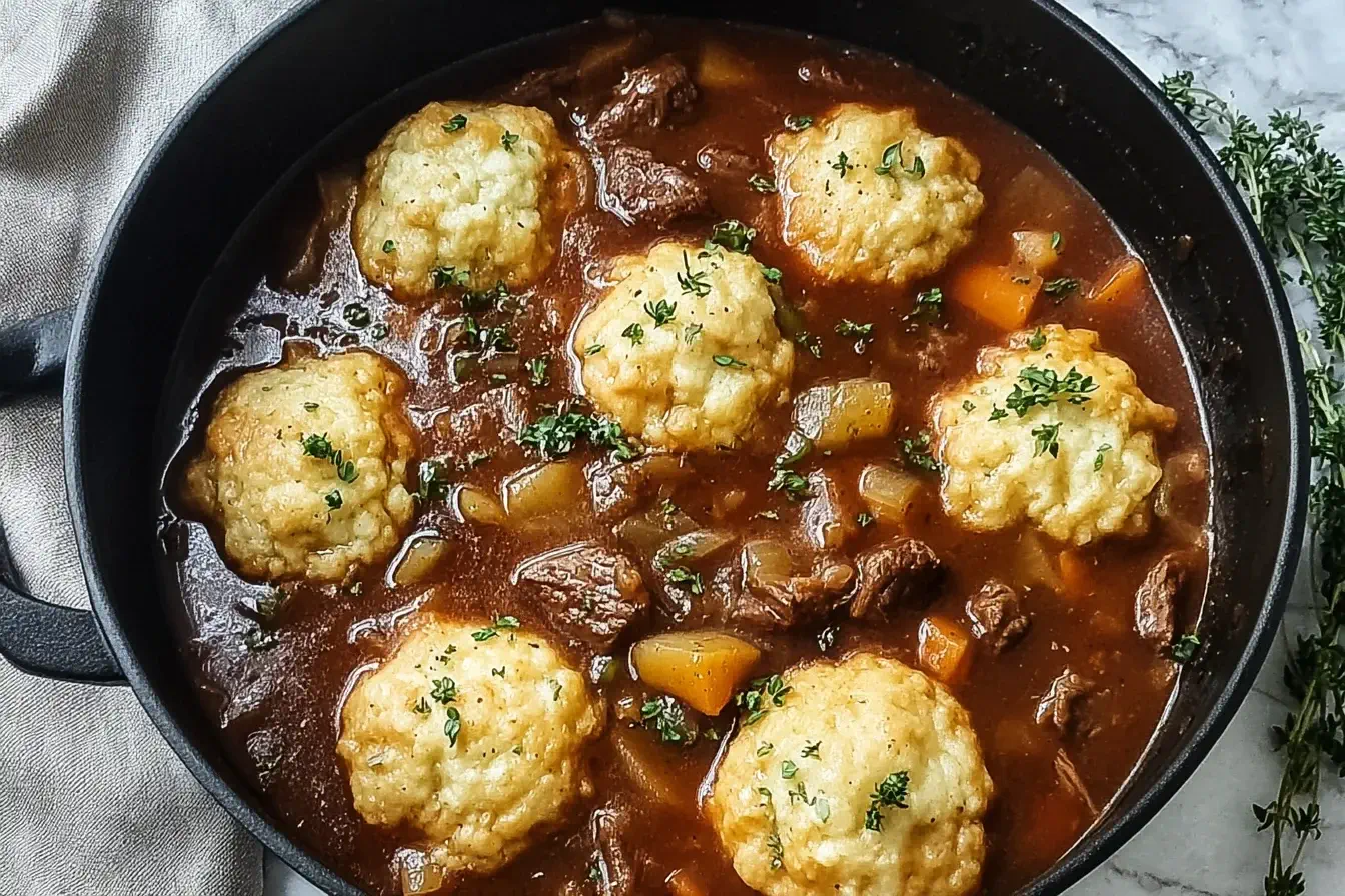 Hearty beef stew and dumplings in a cast iron pot, topped with golden fluffy dumplings and fresh herbs