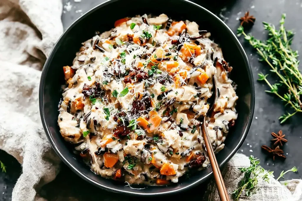 Creamy bowl of Crockpot Creamy Chicken and Wild Rice Casserole with tender chicken, vegetables, and wild rice topped with fresh herbs and cheese.