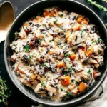 Bowl of Crockpot Creamy Chicken and Wild Rice Casserole with tender chicken, wild rice, and vegetables in a rich, cheesy sauce topped with herbs.
