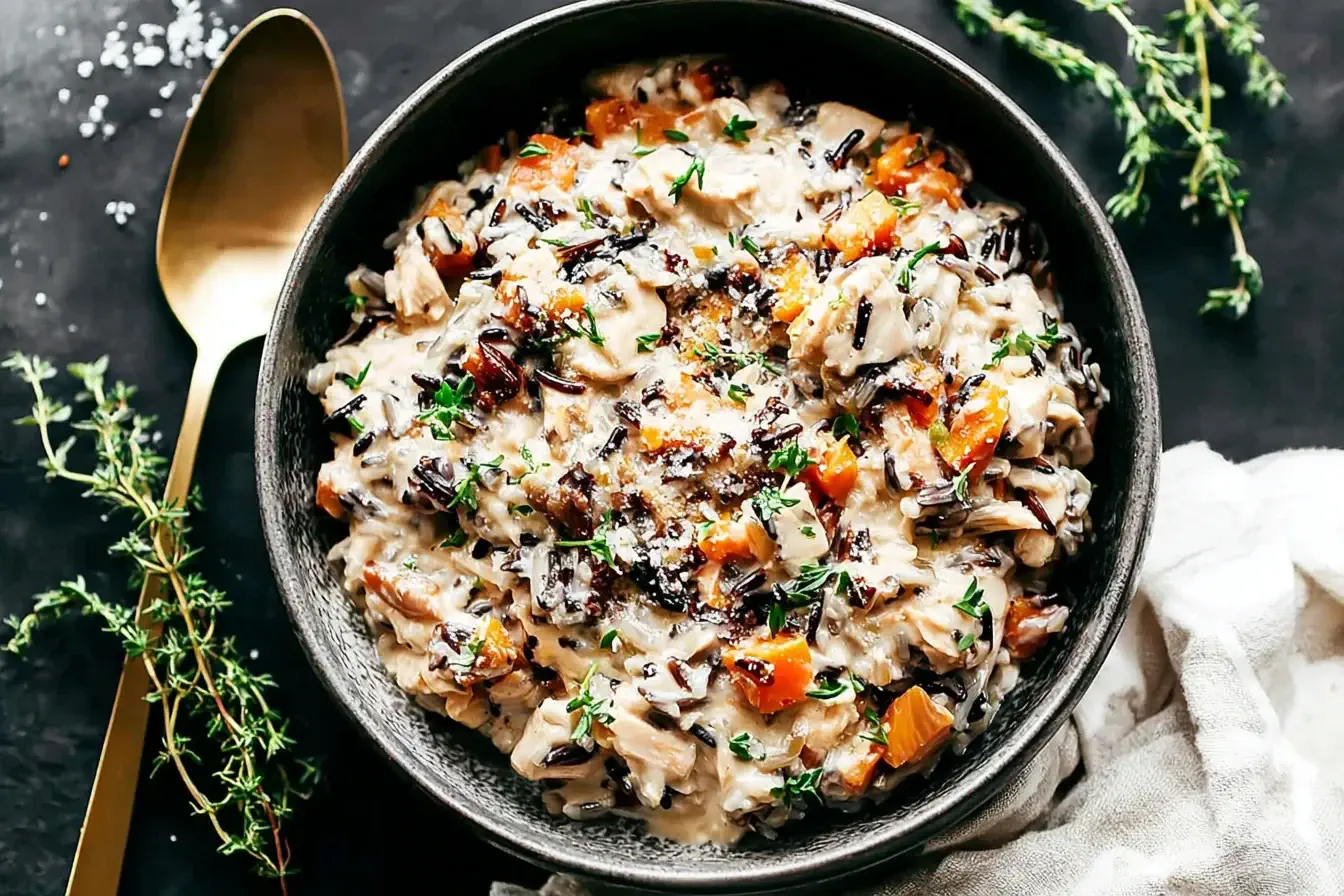 Bowl of Crockpot Creamy Chicken and Wild Rice Casserole with tender chicken, wild rice, and vegetables in a rich, cheesy sauce topped with herbs.