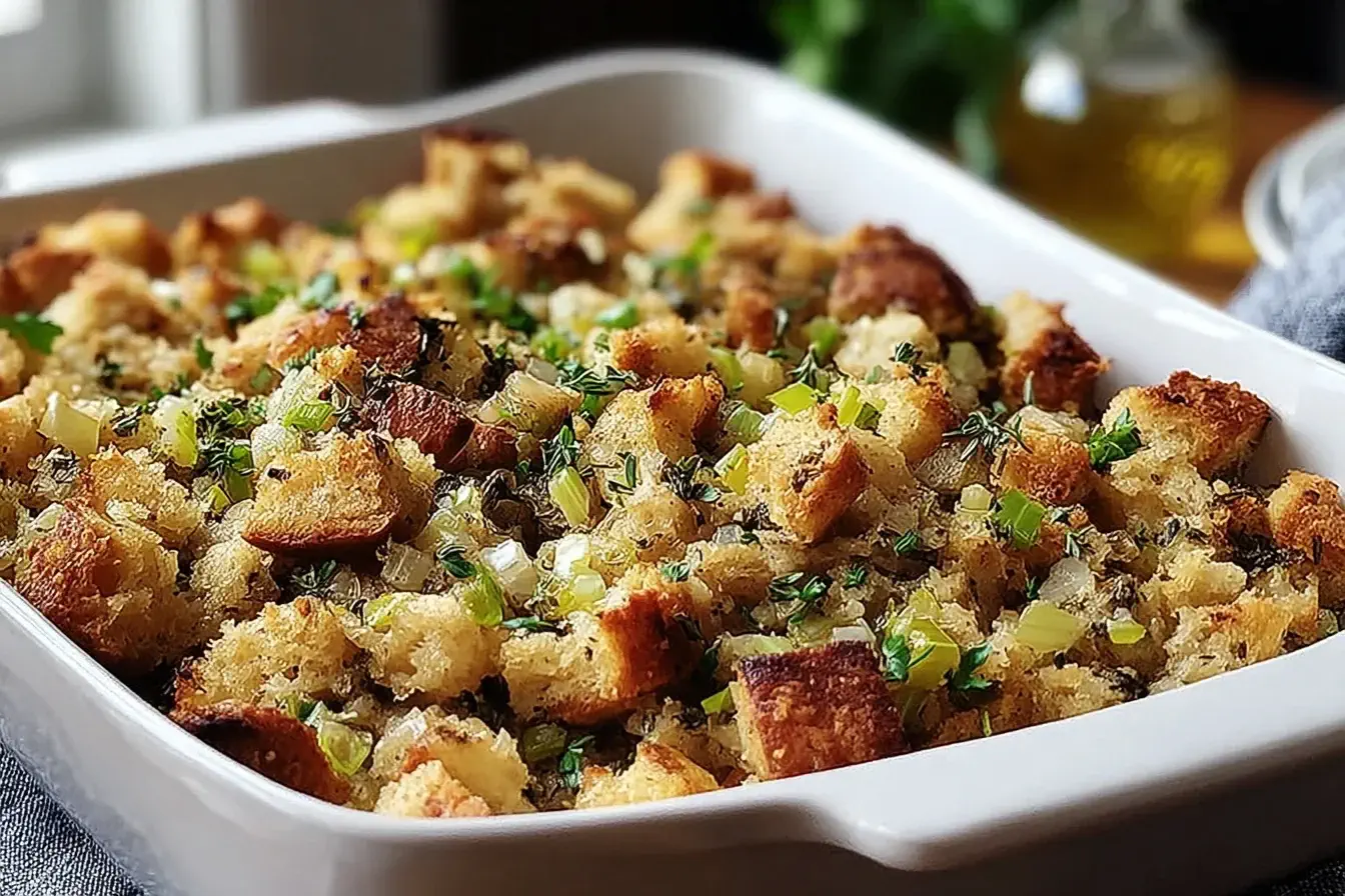 Golden-baked Thanksgiving stuffing with herbs, onions, and celery in a white dish, showing a cozy homemade holiday side.