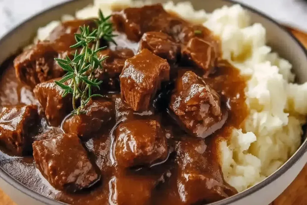 Crock Pot Beef Tips and Gravy served over creamy mashed potatoes, topped with fresh herbs for a hearty and comforting meal.