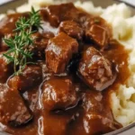 Crock Pot Beef Tips and Gravy served over creamy mashed potatoes, topped with fresh herbs for a hearty and comforting meal.