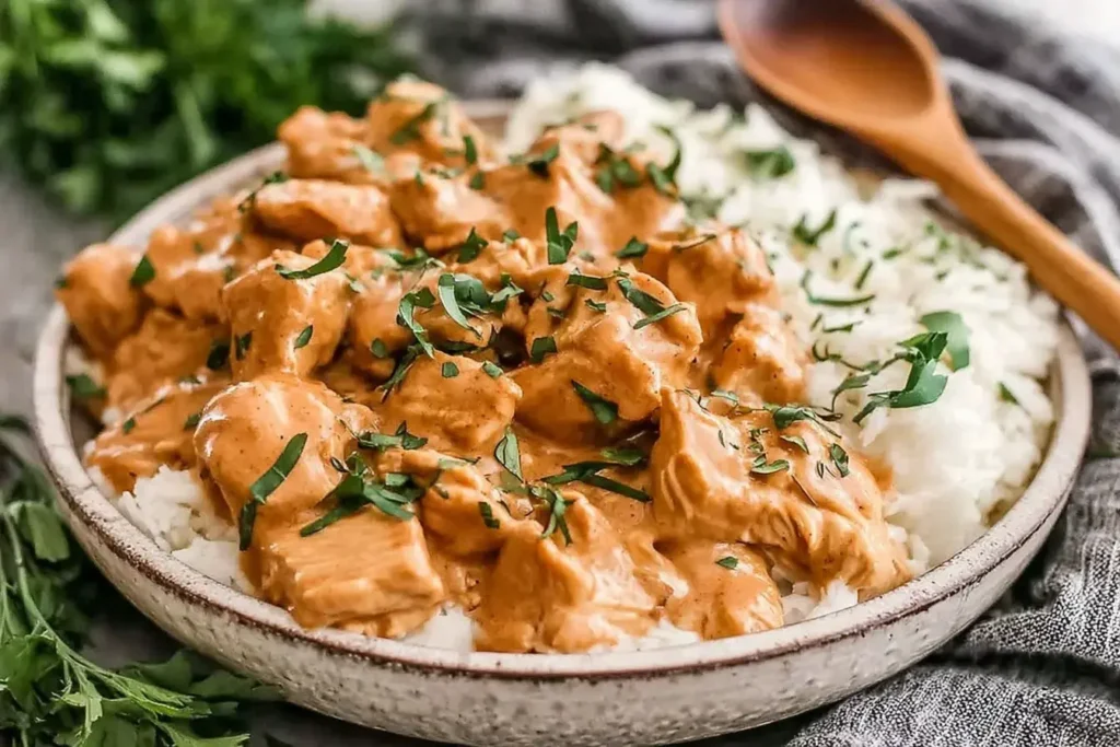 Slow Cooker Honey Mustard Chicken served over fluffy white rice and garnished with fresh parsley.