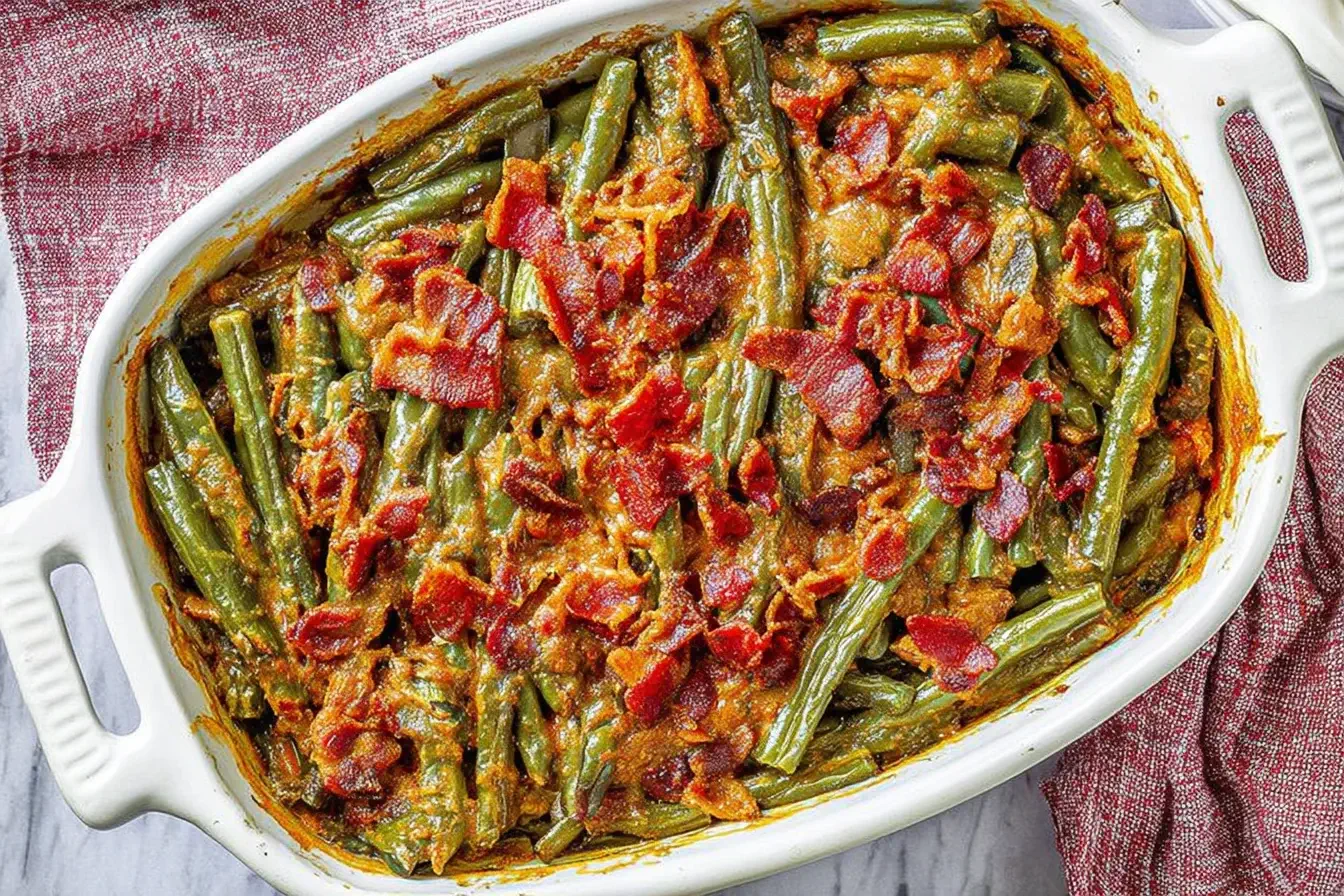 Baked Crack Green Beans topped with crispy bacon in a white casserole dish, a sweet and savory side dish perfect for family dinners.