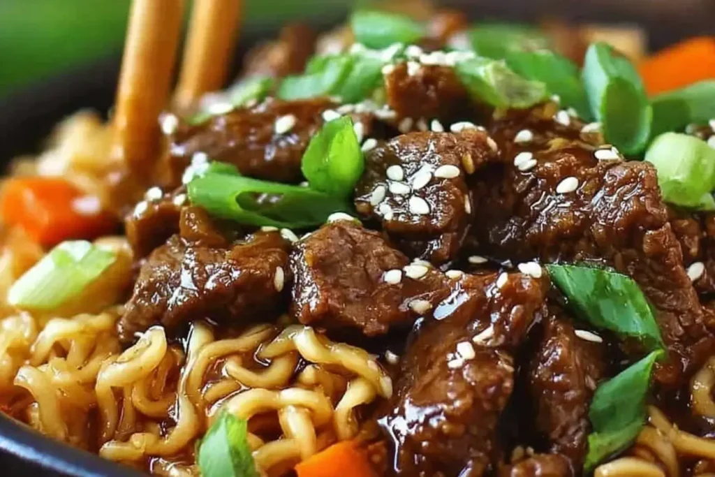 Slow Cooker Beef Ramen Noodles with tender beef chunks, sesame seeds, green onions, and savory broth for the ultimate comfort meal.