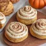 Soft pumpkin cookies with cinnamon frosting on a wooden board, topped with swirled icing and dusted with spice, perfect for fall baking.