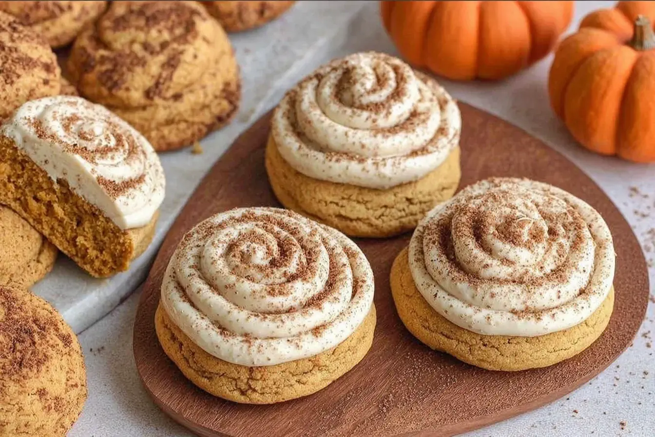 Soft pumpkin cookies with cinnamon frosting on a wooden board, topped with swirled icing and dusted with spice, perfect for fall baking.