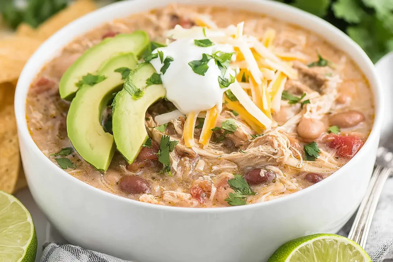 Creamy Crockpot White Chicken Chili topped with avocado slices, cheese, and sour cream in a white bowl.