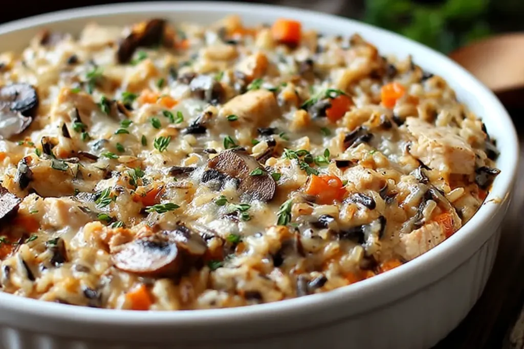 Baked Chicken Wild Rice Casserole with mushrooms, carrots, and creamy sauce in a white casserole dish, topped with fresh herbs.