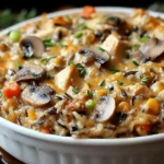 Creamy Chicken Wild Rice Casserole topped with mushrooms, carrots, and melted cheese in a white baking dish.